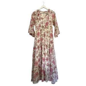 Altar'd State Ruffle Tiered Floral 3/4 Sleeve Pink & Brown Bell Maxi Dress SZ S